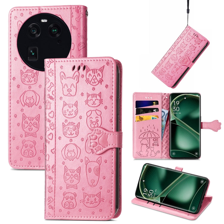 Pink embossed leather flip phone case with cat and dog pattern, card slots and cutouts