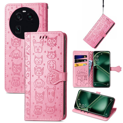 Pink embossed leather flip phone case with cat and dog pattern, card slots and cutouts