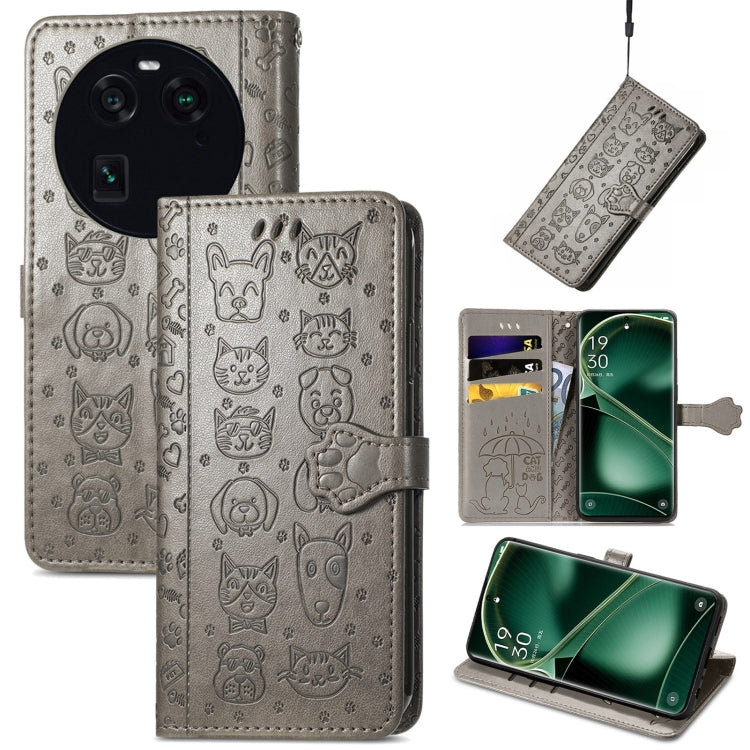 Gray embossed leather wallet phone case featuring cat and dog icons, flip cover, slots