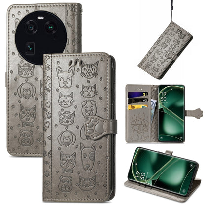 Gray embossed leather wallet phone case featuring cat and dog icons, flip cover, slots