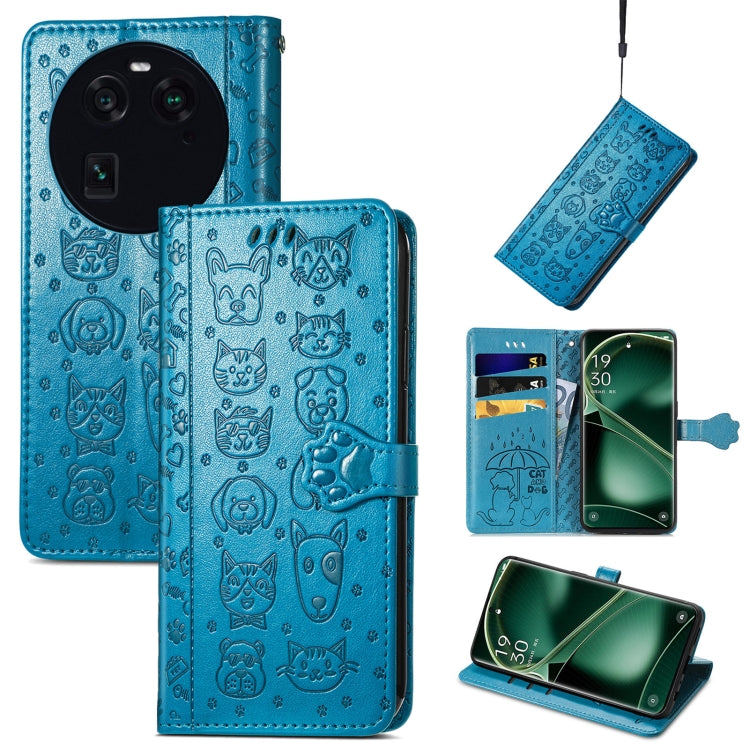 Blue embossed leather wallet phone case with cat and dog icons, flip cover, card slots