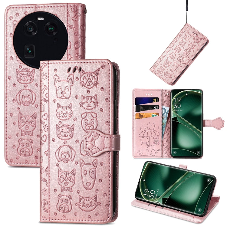 Pink embossed cat-and-dog leather-style phone case with magnetic flap and card slots
