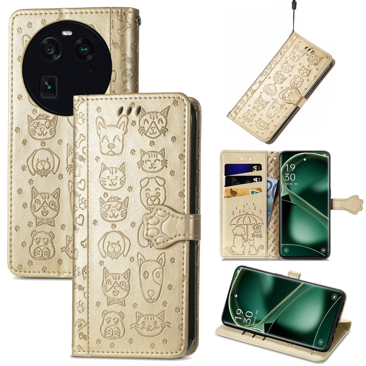 Cream-white embossed cat-and-dog phone case with magnetic flap and wallet design