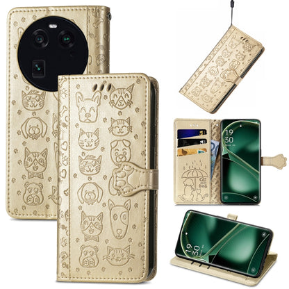 Cream-white embossed cat-and-dog phone case with magnetic flap and wallet design