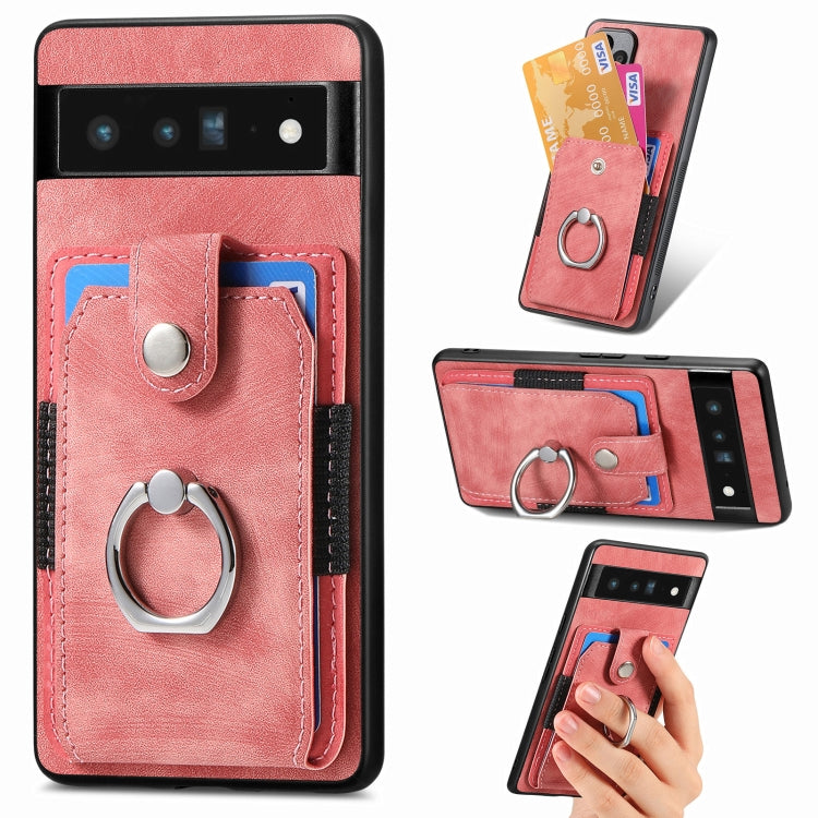 Pink leather-style ring card phone case with side card slots and metal finger ring holder