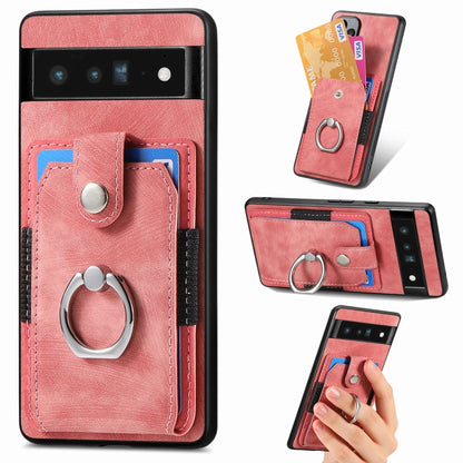 Pink leather-style ring card phone case with side card slots and metal finger ring holder