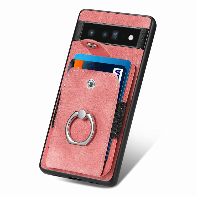Pink ring card phone case with metal finger ring and front card pocket detail