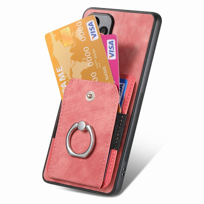 Pink leather-style phone wallet case with metal ring holder and card slot pocket