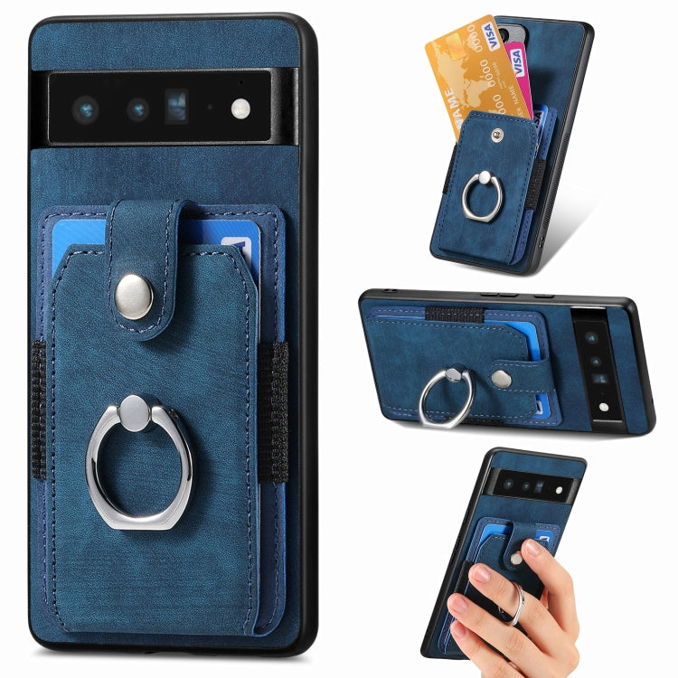 Blue phone wallet case with ring holder, card slots, and magnetic front cover with stitching