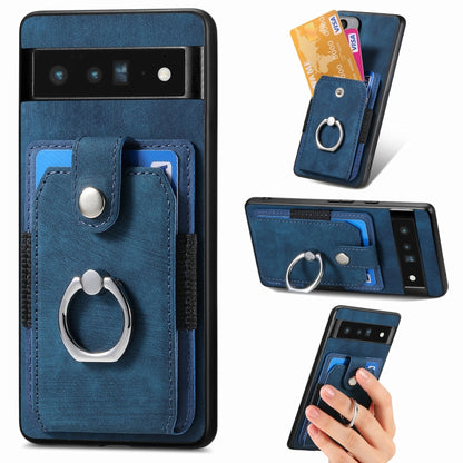 Blue phone wallet case with ring holder, card slots, and magnetic front cover with stitching