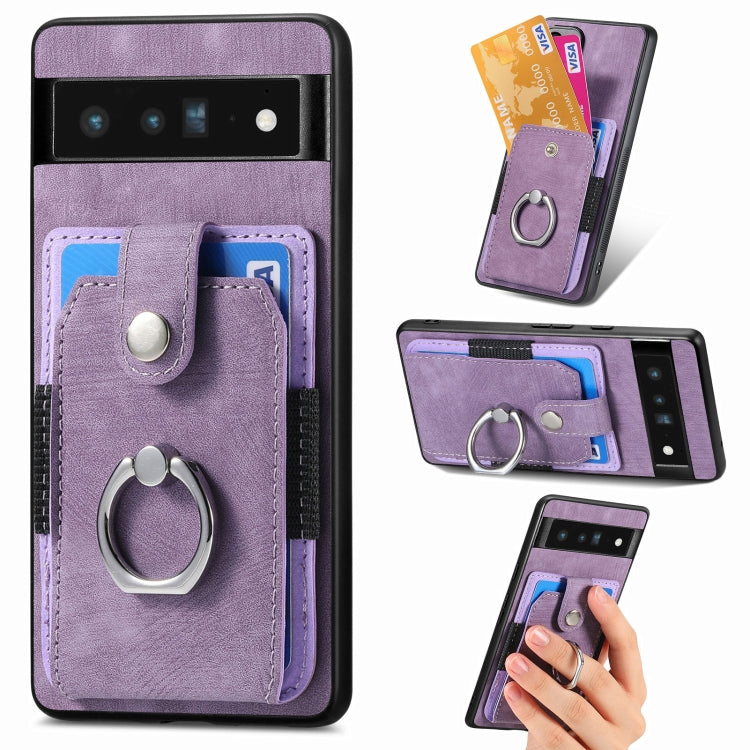 Purple retro skin-feel phone case with card holder and metal ring stand