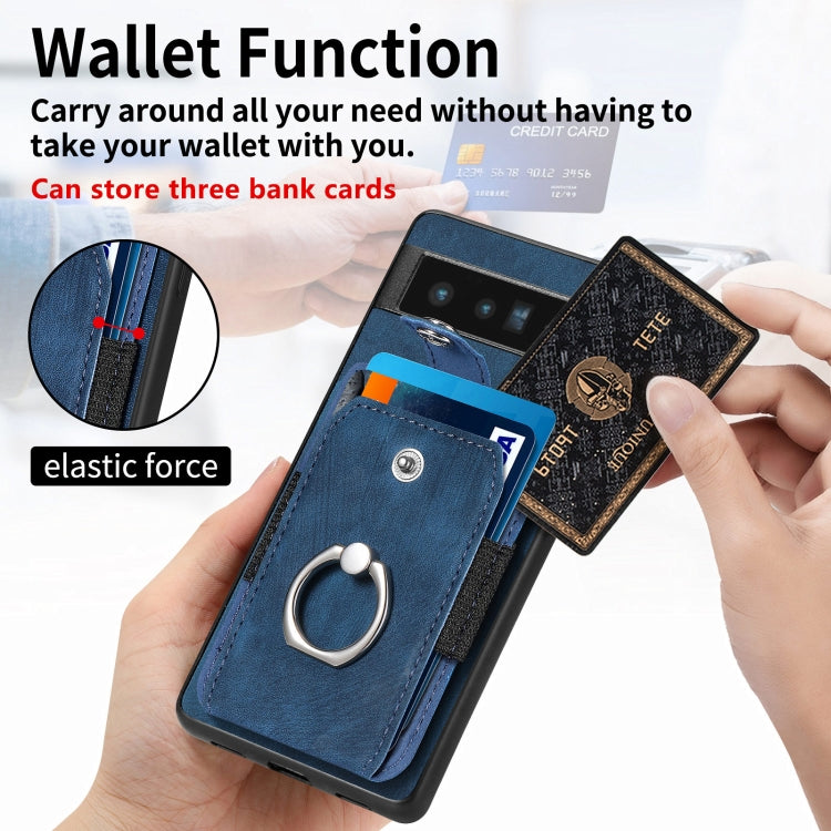Blue wallet phone case with card slots and metal ring holder for phone