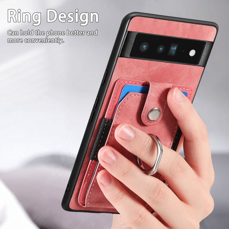 Pink retro skin-feel phone case with card slots and metal ring holder on back