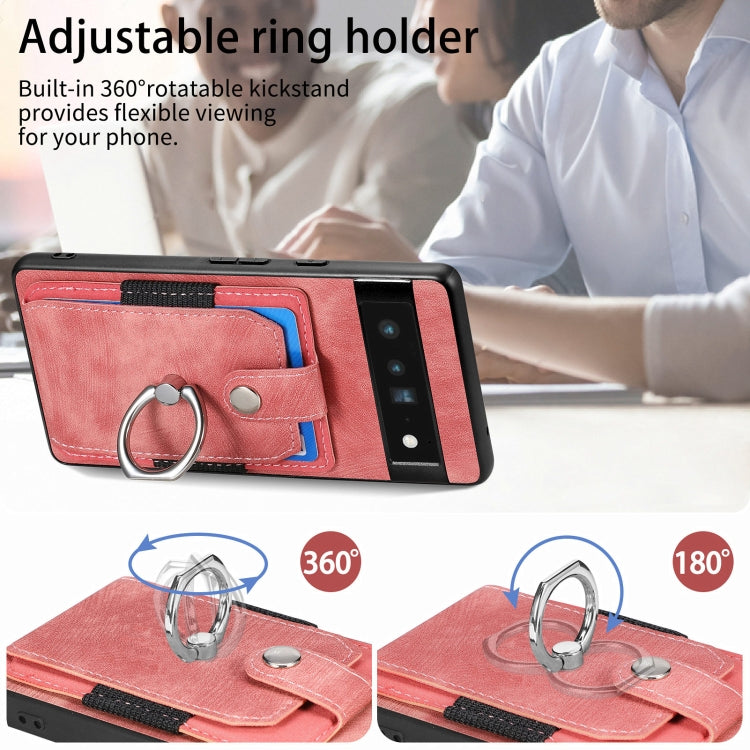 Pink wallet phone case with rotatable metal ring holder and card pocket on back