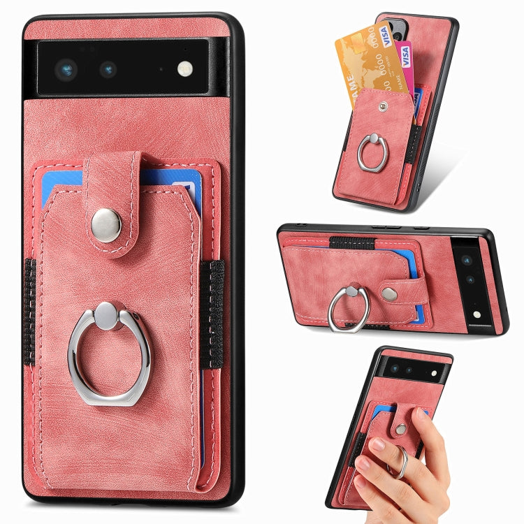 Pink ring card phone case with card slots, front flap, and metal finger ring holder