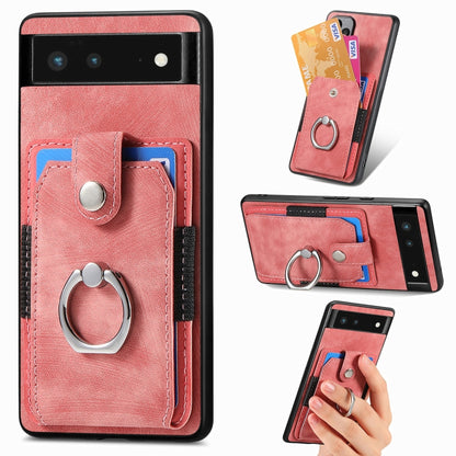 Pink ring card phone case with card slots, front flap, and metal finger ring holder