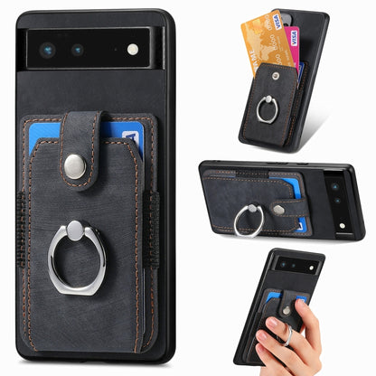 Black ring card phone case with metal finger ring and card pocket with stitching detail