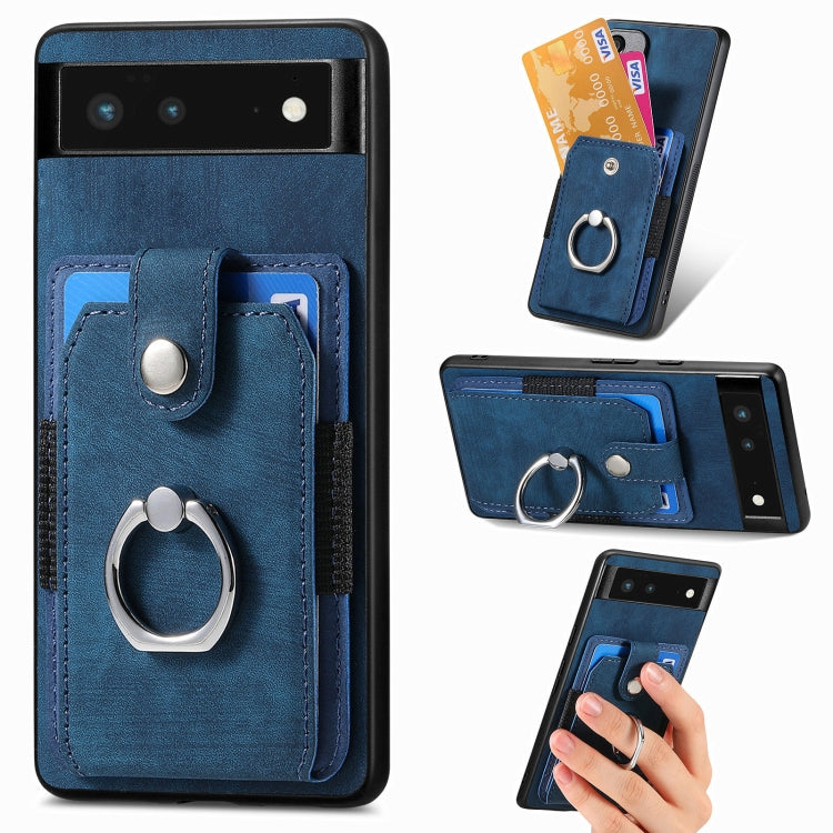 Blue retro-skin phone wallet case featuring ring grip, card pockets, and magnetic flap