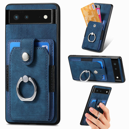 Blue retro-skin phone wallet case featuring ring grip, card pockets, and magnetic flap