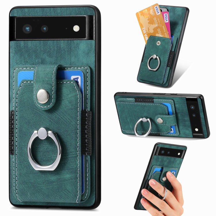 Teal retro skin-feel wallet case with card slots and metal ring grip