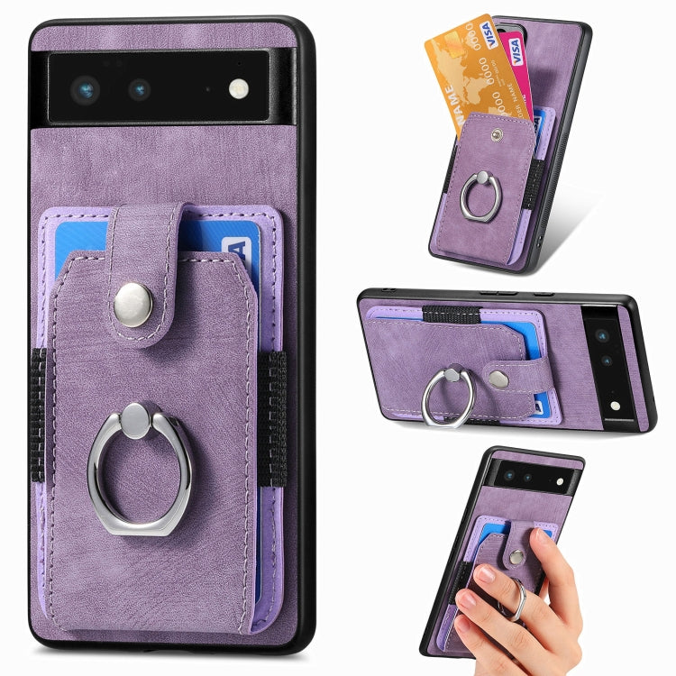 Purple retro wallet phone case with card slots and metal ring grip, front view