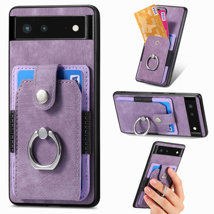 Purple retro wallet phone case with card slots and metal ring grip, front view