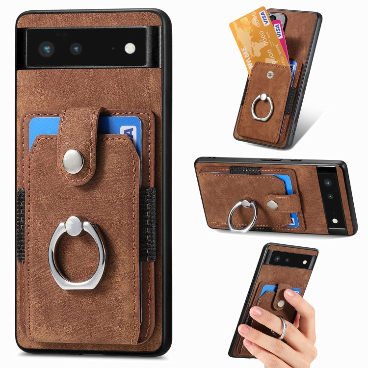 Brown leather-style wallet phone case with card slots and metal ring holder