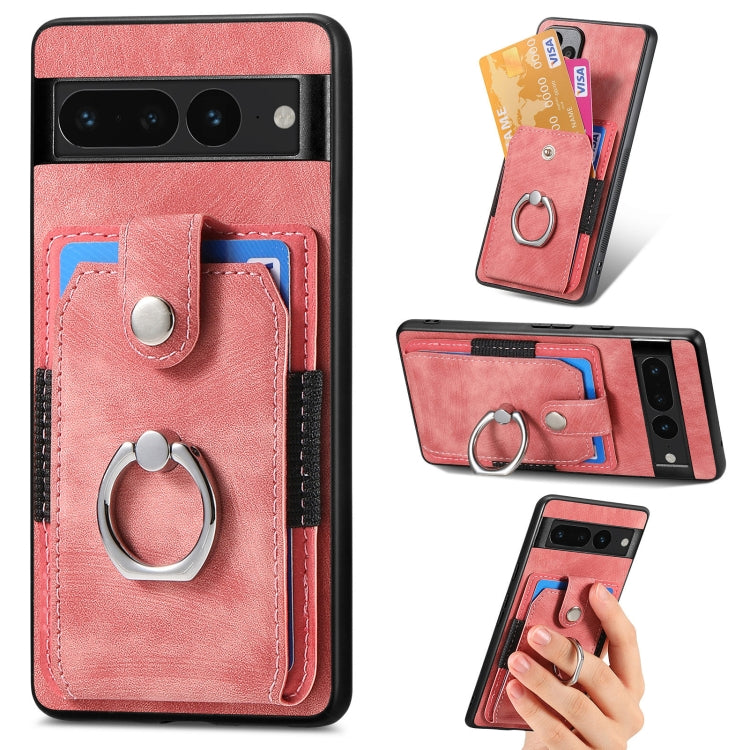 Pink leather-style ring card phone case with front card pocket and metal finger ring