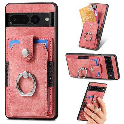 Pink leather-style ring card phone case with front card pocket and metal finger ring