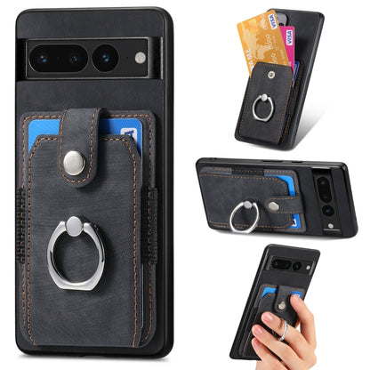Black retro-skin phone wallet case with ring holder, front card slots, and magnetic flap