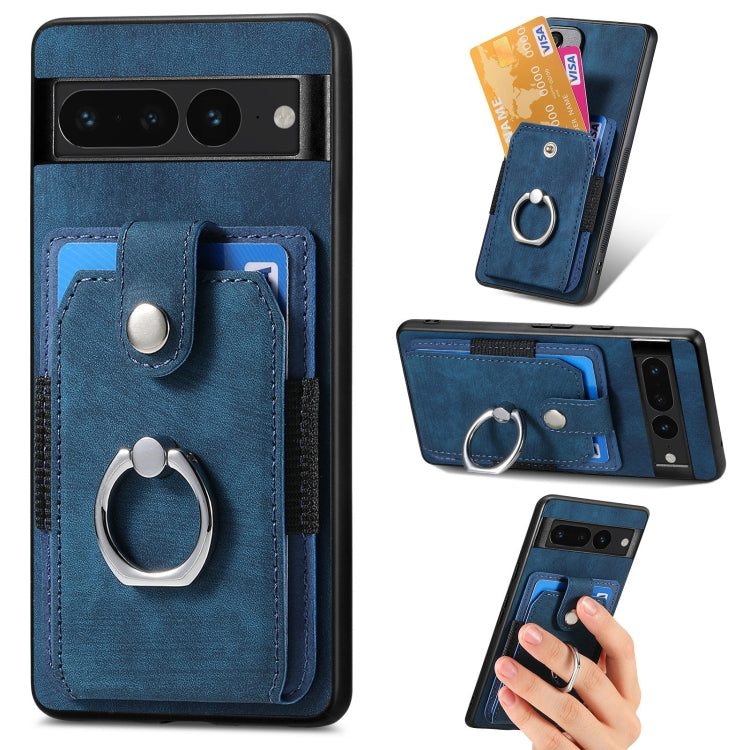 Blue phone card wallet case with ring stand, inner card slots, and front magnetic closure