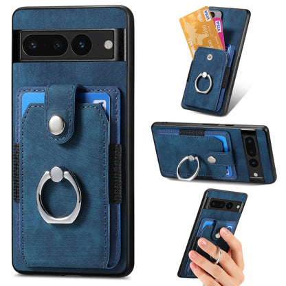 Blue phone card wallet case with ring stand, inner card slots, and front magnetic closure