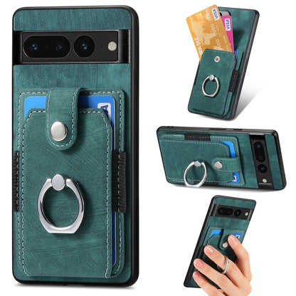 Teal retro wallet phone case with card pocket and metal ring, front and side views