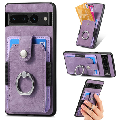 Purple retro skin-feel phone case with card pocket and metal ring, front and side views