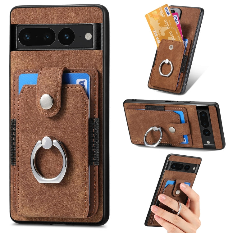 Brown wallet phone case with card slots and metal ring holder, full coverage