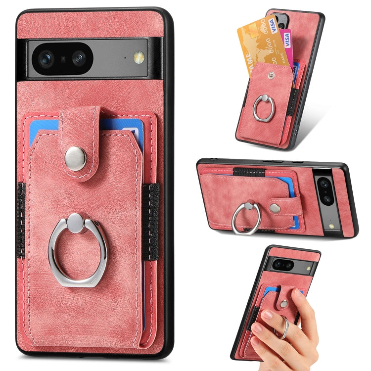 Pink phone wallet case with metal ring holder, side card slots, and top camera cutout