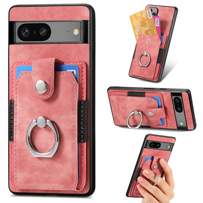 Pink phone wallet case with metal ring holder, side card slots, and top camera cutout