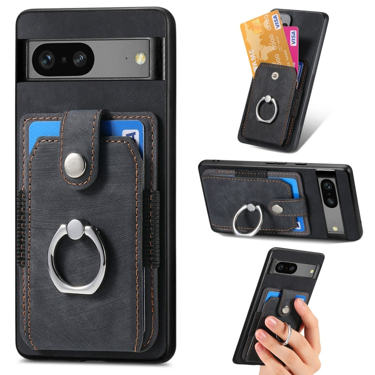 Black phone wallet case with ring grip holder, card slots, and faux-leather magnetic cover