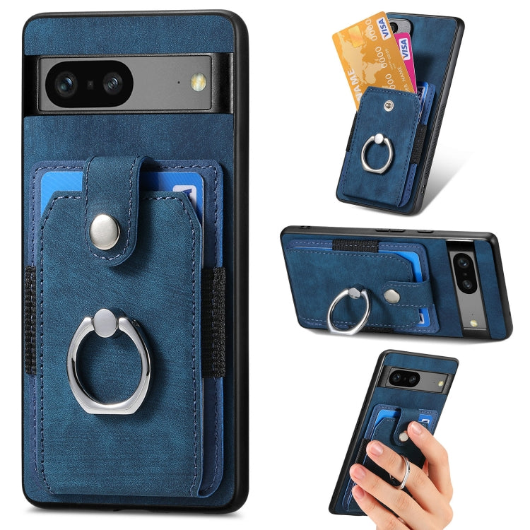 Blue faux-leather phone wallet case with ring holder, card slots, and stitched magnetic flap
