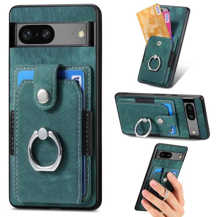 Teal retro skin-feel phone case with card slots and metal ring, front and pocket view