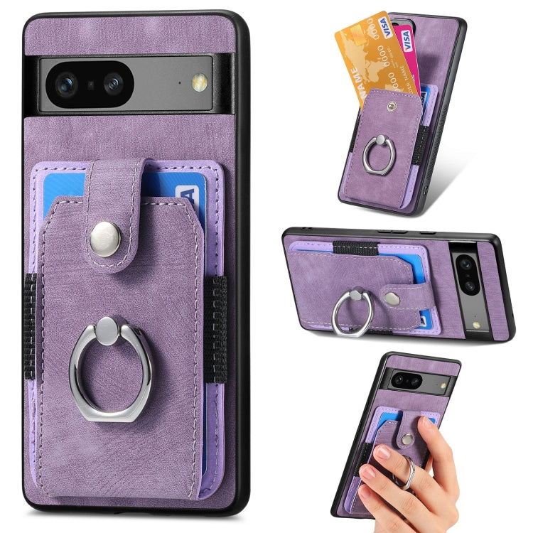 Purple retro wallet phone case with card slots and metal ring, front and hand view
