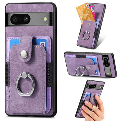 Purple retro wallet phone case with card slots and metal ring, front and hand view