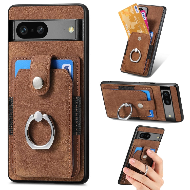 Brown wallet phone case with card slots and metal ring holder for phone