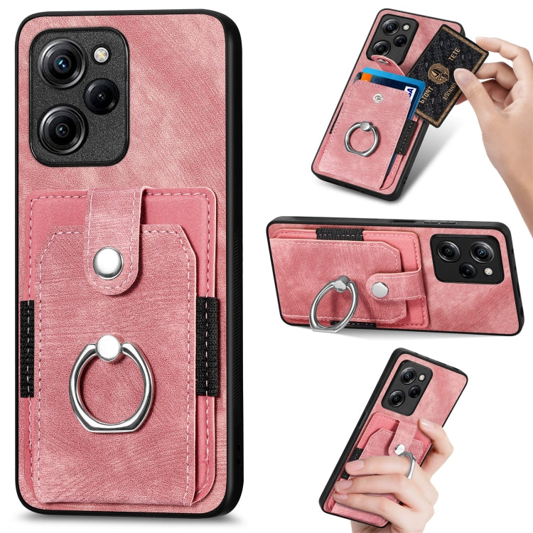 Pink ring card phone case with metal finger ring, card pocket, and secure wallet flap