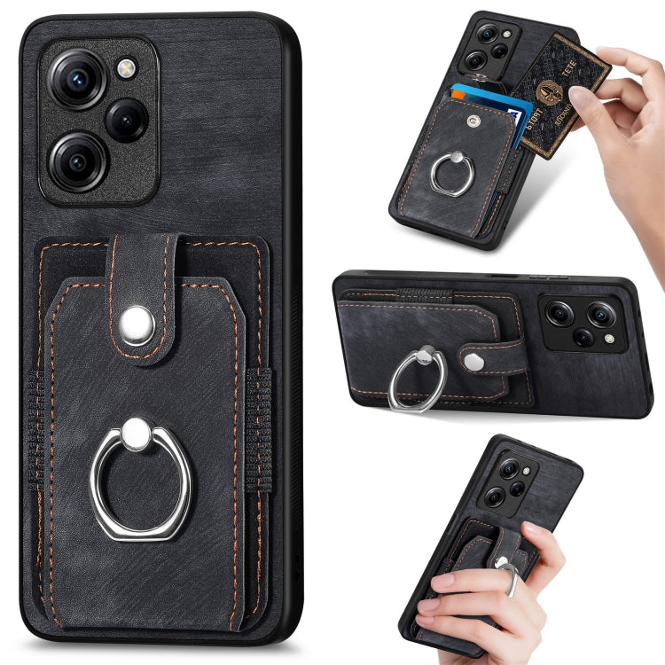 Black phone wallet case with ring stand and card pocket, stitched faux leather design
