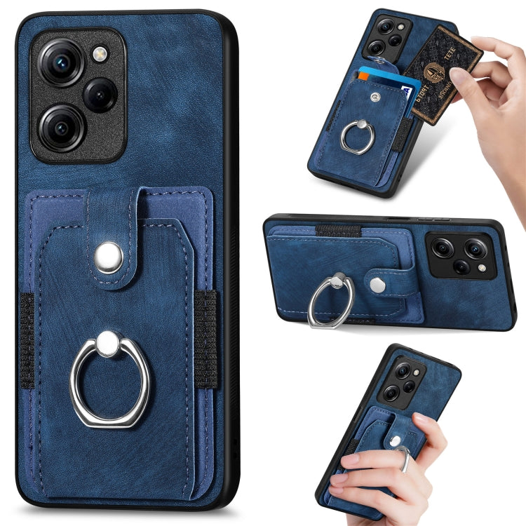 Blue phone wallet case with ring stand, card pocket, and magnetic front cover with stitching