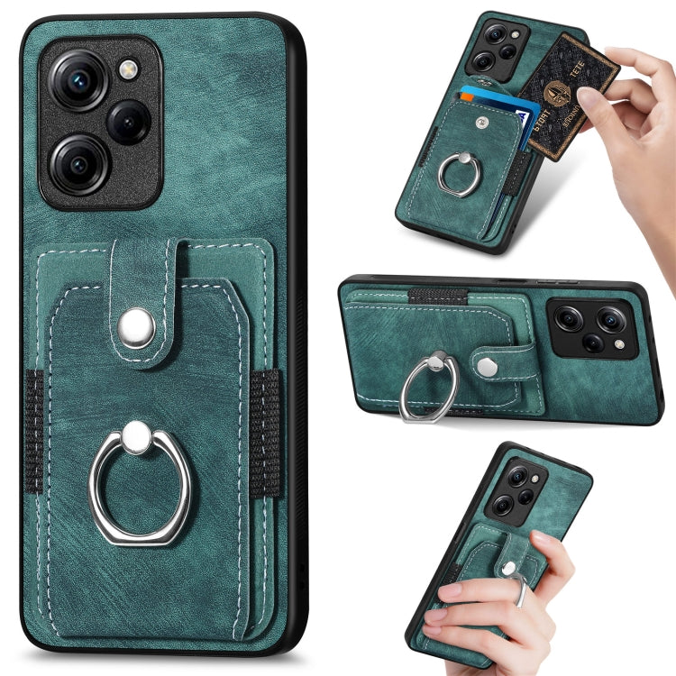 Teal retro wallet phone case with card pocket and metal ring, showing rear camera