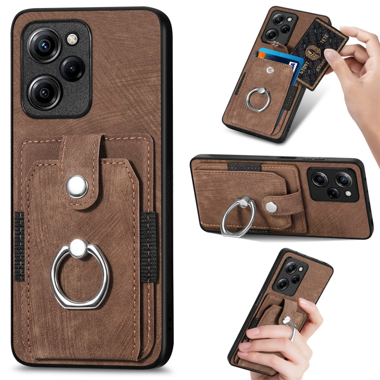 Brown ring card wallet phone case with card slots and metal ring holder