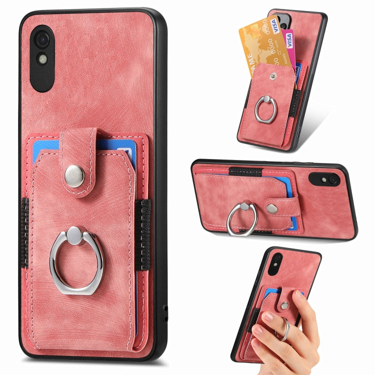 Pink leather-style ring card phone case with metal finger ring and inner card holders
