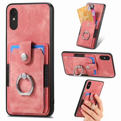 Pink leather-style ring card phone case with metal finger ring and inner card holders